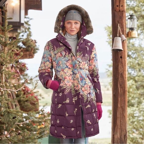 NEW Sundance Easy Wind Long Puffer Coat Plum Floral Size XS - Picture 1 of 10